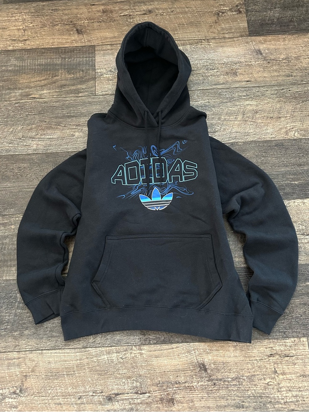 NWT adidas Fleece Hoodie Black Trefoil Cool Blue Logo Men’s Size Small KB4515